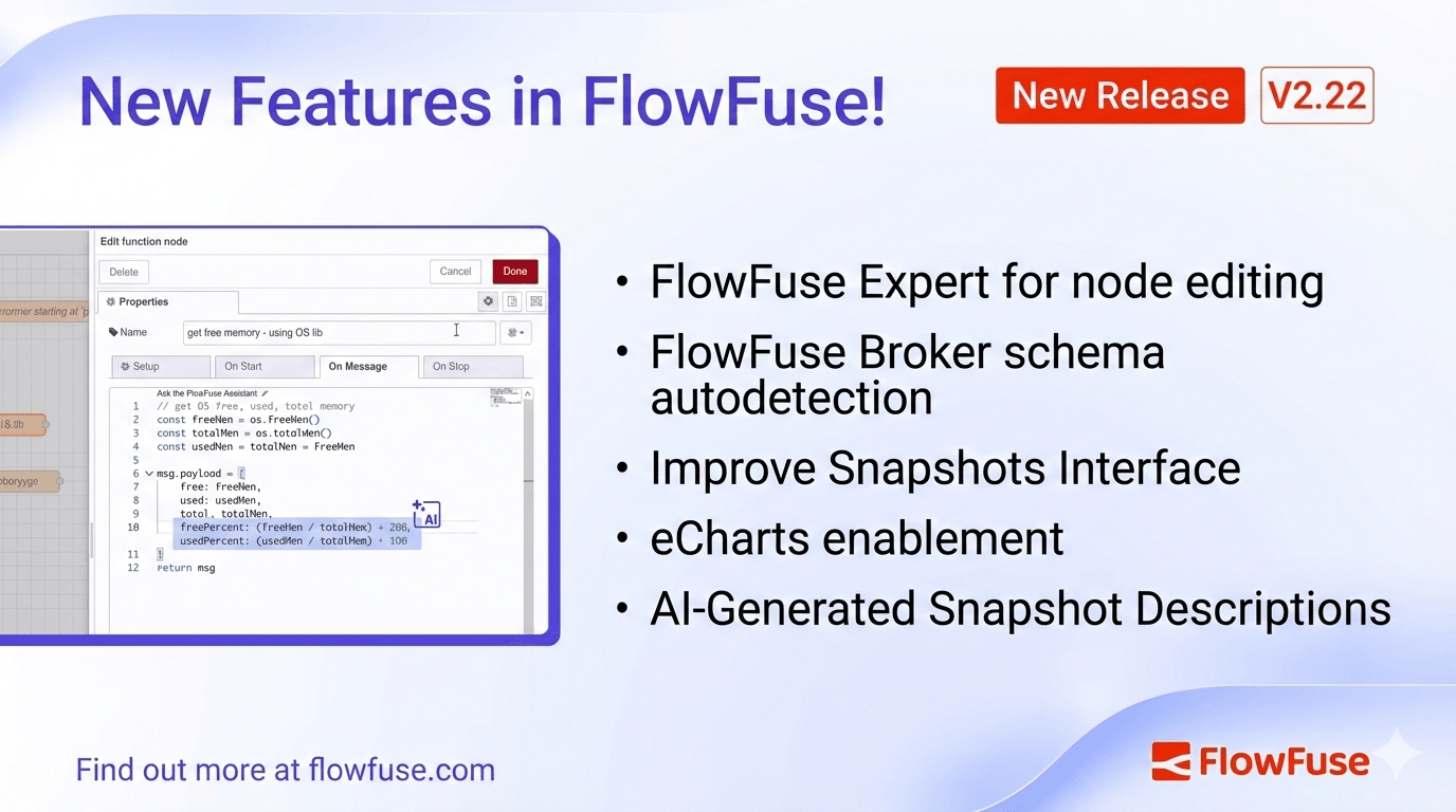 Image representing FlowFuse 2.22: FlowFuse Expert for node editing, FlowFuse Broker schema autodetection, Improved Snapshots Interface, eCharts enablement, and FlowFuse Dashboard Updates