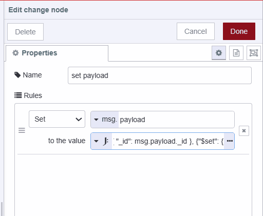 "Screenshot displaying the change node setting payload as an array containing a query and operation to perform an update operation in the database"